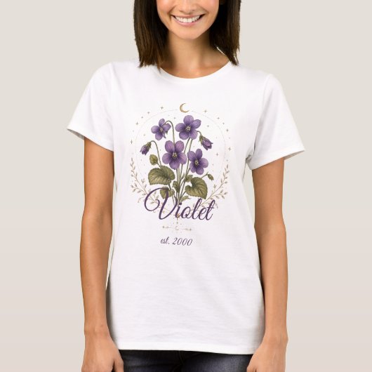 オーダーメイド スミレの花 誕生花 名前Tシャツ Tシャツ (正面)
