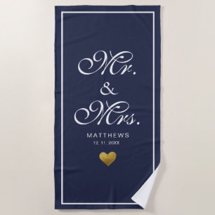 オーダーメイド ネイビーブルー ゴールド ラブ ハート Mr. and Mrs. ビーチタオル