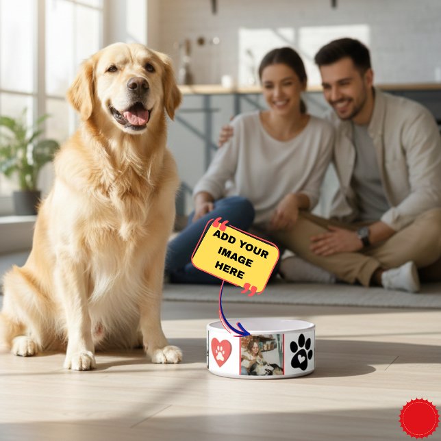 オーダーメイド ネコ写真 コラージュ ボウル - 赤と黒 (Customizable Cat Photo Collage Bowl - Red and Black Heart Paw Print Design - Personalized Pet Feedin)