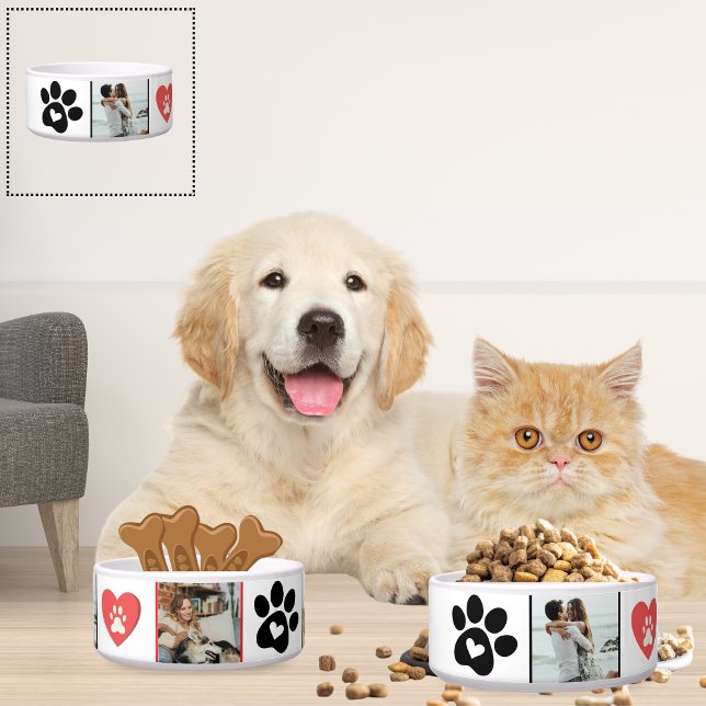 オーダーメイド ネコ写真 コラージュ ボウル - 赤と黒 (Customizable Cat Photo Collage Bowl - Red and Black Heart Paw Print Design )