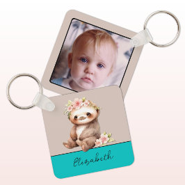 オーダーメイド ネーム かわいいナマケモノ 1枚の写真 ターコイズ キーホルダー