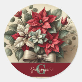 オーダーメイド ネーム ヴィンテージ 水彩 ポインセチア フラワーバンチ ラウンドシール