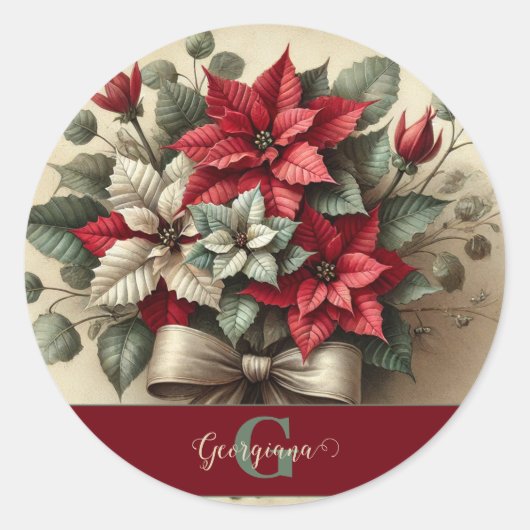 オーダーメイド ネーム ヴィンテージ 水彩 ポインセチア フラワーバンチ ラウンドシール (正面)
