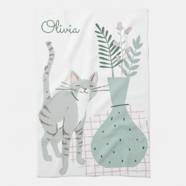 オーダーメイド ネーム 猫のママ レトロなお花 ふわ可愛い キッチンタオル