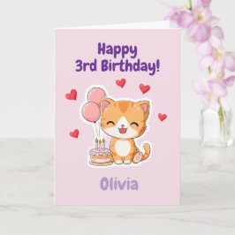 オーダーメイド ハッピー3歳の誕生日おめでとう 女の子, かわいい子猫 カード