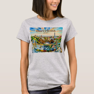 オーダーメイド バルセロナ スペイン 水彩画 パーク グエル レトロ Tシャツ