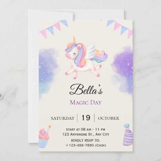 オーダーメイド パープルユニコーン 誕生日招待状 招待状 (正面)