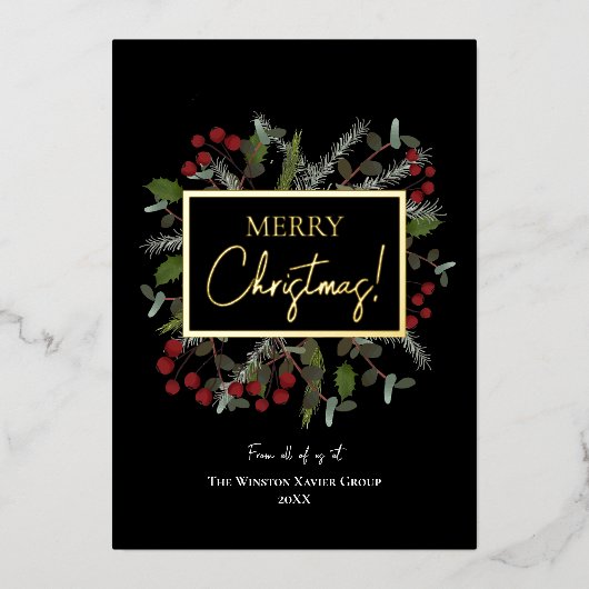 オーダーメイド ビジネス クリスマス ホーリー パインの葉 箔招待状 (正面)