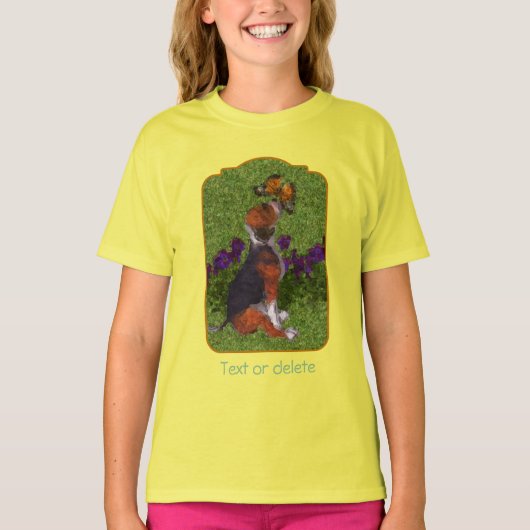 オーダーメイド ビーグル 子犬 蝶 犬 アート Tシャツ (正面)