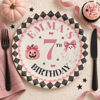 オーダーメイド ピンクのハロウィンお誕生日紙皿 ペーパープレート