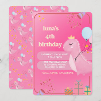 オーダーメイド ピンクの恐竜の誕生日招待状 招待状