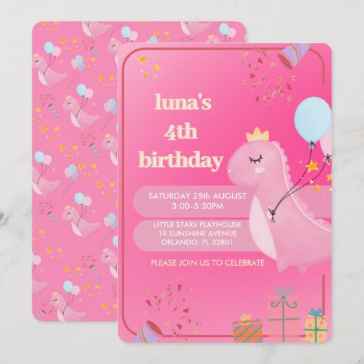 オーダーメイド ピンクの恐竜の誕生日招待状 招待状 (正面/裏面)
