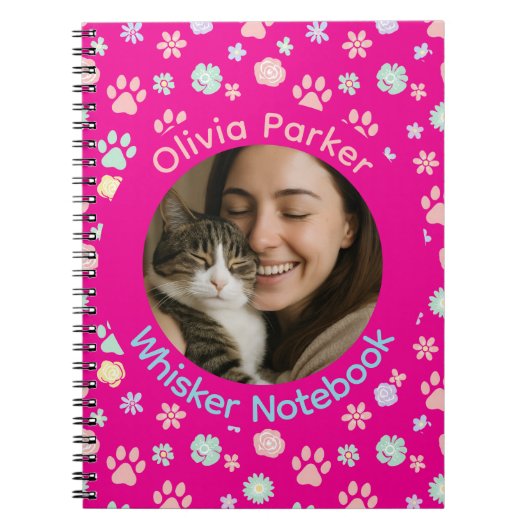 オーダーメイド ピンクの猫の写真と名前 スパイラルノート ノートブック (正面)