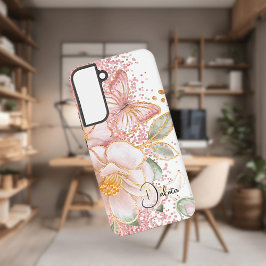 オーダーメイド ピンクの花と蝶のスマホケース SAMSUNG GALAXY S22+ケース