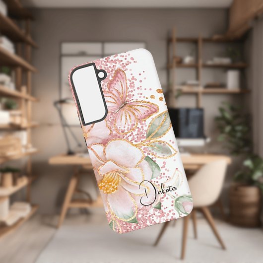 オーダーメイド ピンクの花と蝶のスマホケース SAMSUNG GALAXYケース