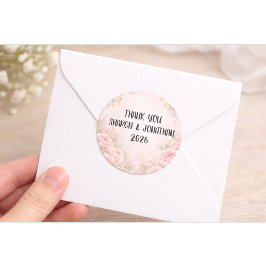 オーダーメイド ピンクの花の結婚式のお礼ステッカー ラウンドシール
