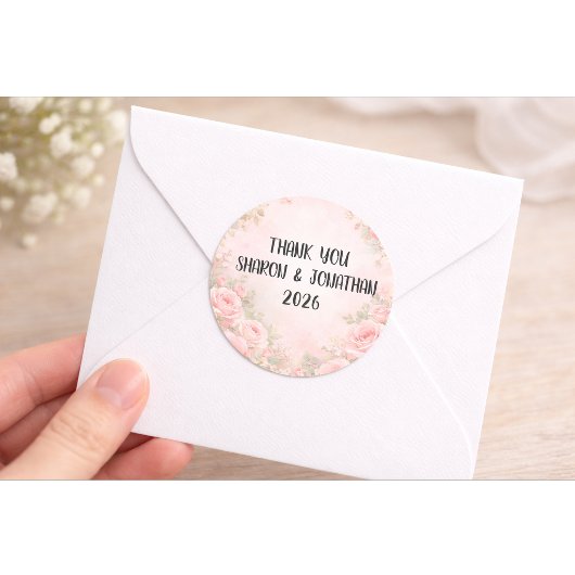 オーダーメイド ピンクの花の結婚式のお礼ステッカー ラウンドシール