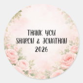 オーダーメイド ピンクの花の結婚式のお礼ステッカー ラウンドシール (正面)