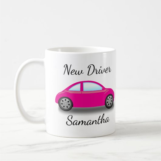 オーダーメイド ピンクの車 新しい運転免許証 コーヒーマグカップ (左)