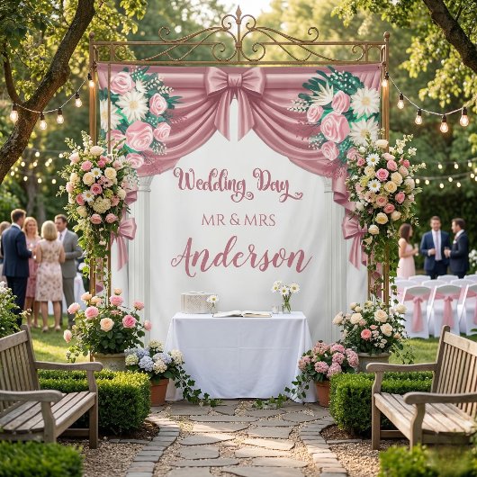 オーダーメイド ピンクフラワーの結婚式用背景 タペストリー