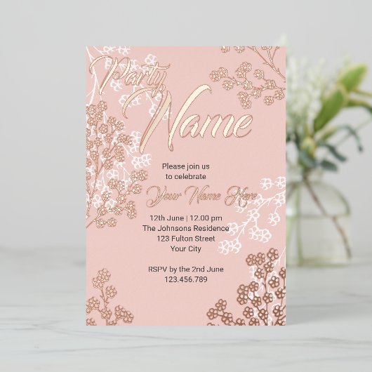 オーダーメイド ピンク エレガント フラワー ブルーミング パーティー 箔招待状 (立ち正面)