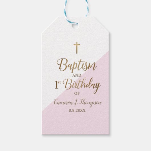 オーダーメイド ピンク ゴールド クロス 洗礼と生後1年のお誕生日 ギフトタグ (正面)
