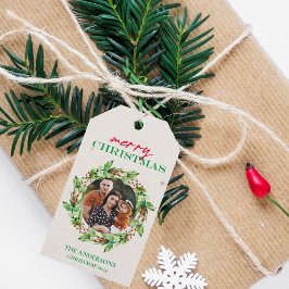 オーダーメイド フェスティブ リース フォト & ファミリー ネーム ホリデー ギフトタグ