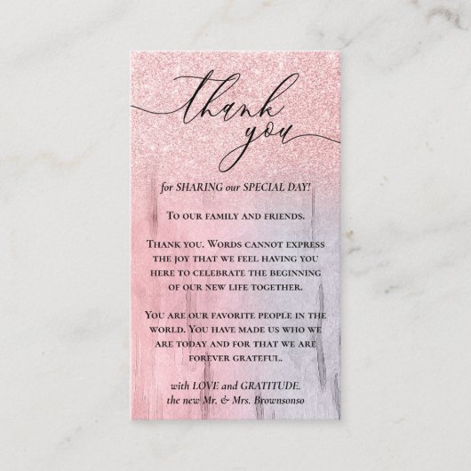 オーダーメイド フォト ウッド グリッツ スパークル ピンク サンクス エンクロージャーカード (正面)