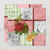 オーダーメイド フォト キルト ブロック 赤 ピンク ローズ 緑 格子 招待状 (正面/裏面)