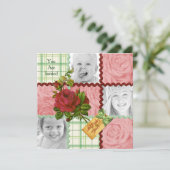 オーダーメイド フォト キルト ブロック 赤 ピンク ローズ 緑 格子 招待状 (スタンド正面)