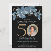 オーダーメイド フォト ブルー ゴールド フラワー 50歳 誕生日 招待状 (正面)