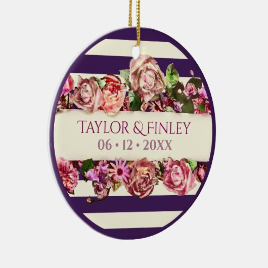 オーダーメイド フォト ヴィンテージ モダン フローラル ストライプ ウェディング セラミックオーナメント (右)