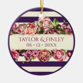 オーダーメイド フォト ヴィンテージ モダン フローラル ストライプ ウェディング セラミックオーナメント (正面)