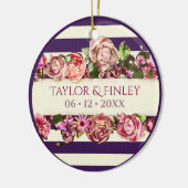 オーダーメイド フォト ヴィンテージ モダン フローラル ストライプ ウェディング セラミックオーナメント (左)