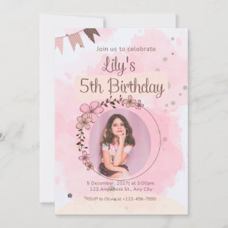 オーダーメイド フローラル 水彩 写真 誕生日 インビテーション