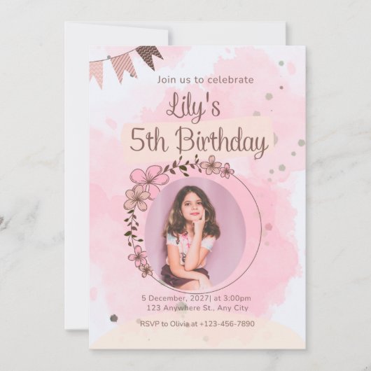 オーダーメイド フローラル 水彩 写真 誕生日 インビテーション (正面)