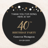 オーダーメイド ブラック ゴールド コンフェッティ 40歳 バースデーパーティー ラウンドペーパーコースター (正面)