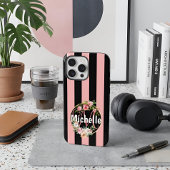 オーダーメイド ブラック ピンク ストライプ フラワー 名前入り Case-Mate iPhoneケース