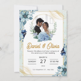 オーダーメイド ブランドの青と白の花柄 ウェディング 招待状