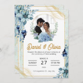 オーダーメイド ブランドの青と白の花柄 ウェディング 招待状 (正面/裏面)