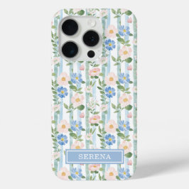 オーダーメイド ブルッシュ フラワー ウォーターカラー ストライプ デザイン iPhone 15 PROケース
