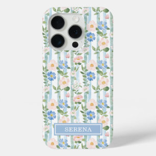 オーダーメイド ブルッシュ フラワー ウォーターカラー ストライプ デザイン iPhone 15 PROケース