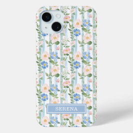 オーダーメイド ブルッシュ フラワー ウォーターカラー ストライプ デザイン iPhone 15 MINIケース