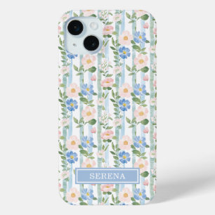 オーダーメイド ブルッシュ フラワー ウォーターカラー ストライプ デザイン iPhone 15 MINIケース