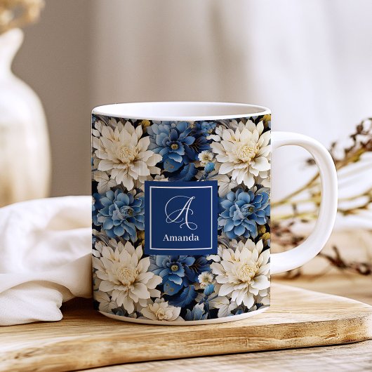 オーダーメイド ブルーアイボリーの花柄 コーヒーマグ コーヒーマグカップ