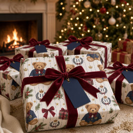 オーダーメイド プレピー テディベア モノグラム クリスマス ラッピングペーパー
