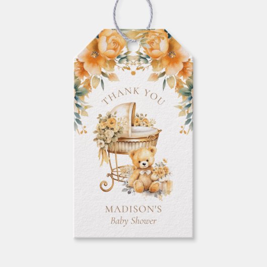 オーダーメイド ベージュ & ゴールドゆりかご ベビーシャワー ギフトタグ (正面)