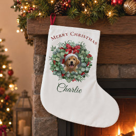 オーダーメイド ペットのクリスマス リースと名前入り ラージクリスマスストッキング