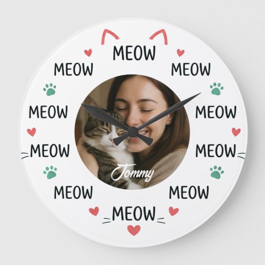 オーダーメイド ペットの写真付き壁掛け時計 'MEOW' ラージ壁時計 (正面)