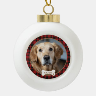 オーダーメイド ペットの写真 赤いチェック柄のクリスマス セラミックボールオーナメント